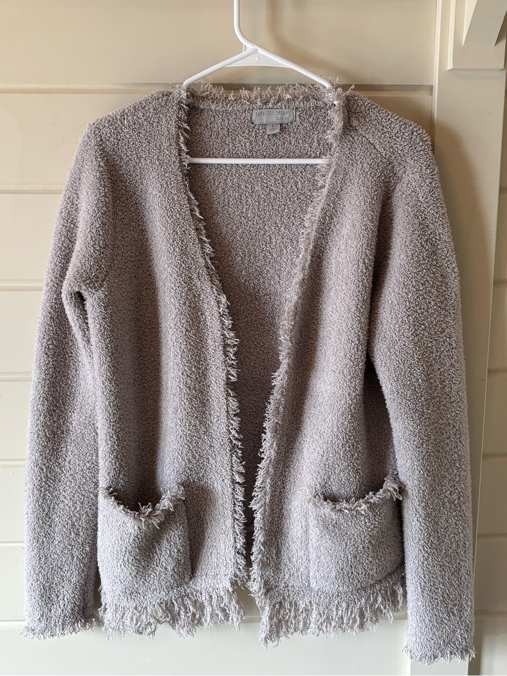 Barefoot Dreams Fringed Open-Front Cardigan - Light Taupe/Grey